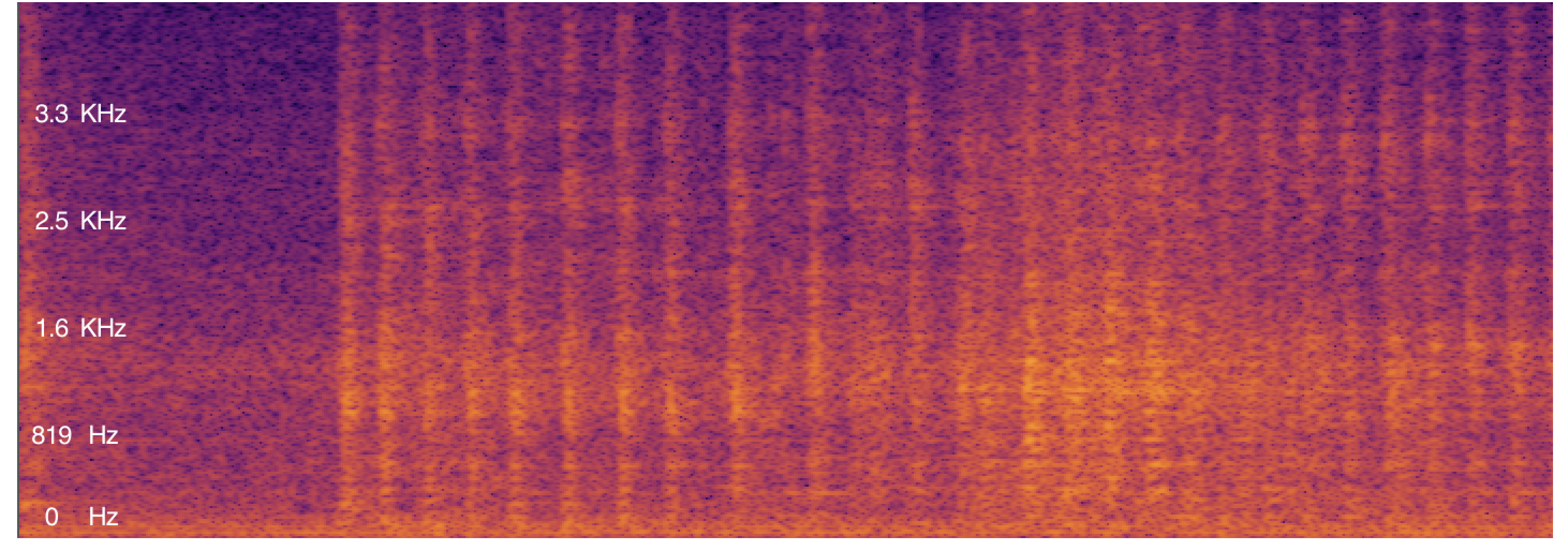 Spectrogram of a hydraulic hammer: regular vertical bands across every frequency, one for each impact, with the energy strongest low in the range