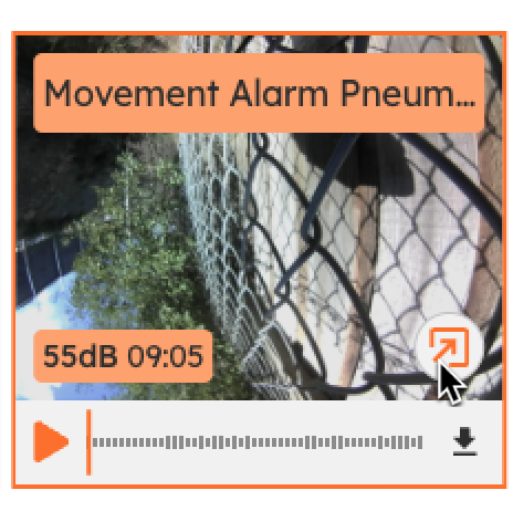 A single media tile labelled Movement Alarm Pneumatic, 55 dB at 09:05, with the pointer on the expand icon at its bottom right