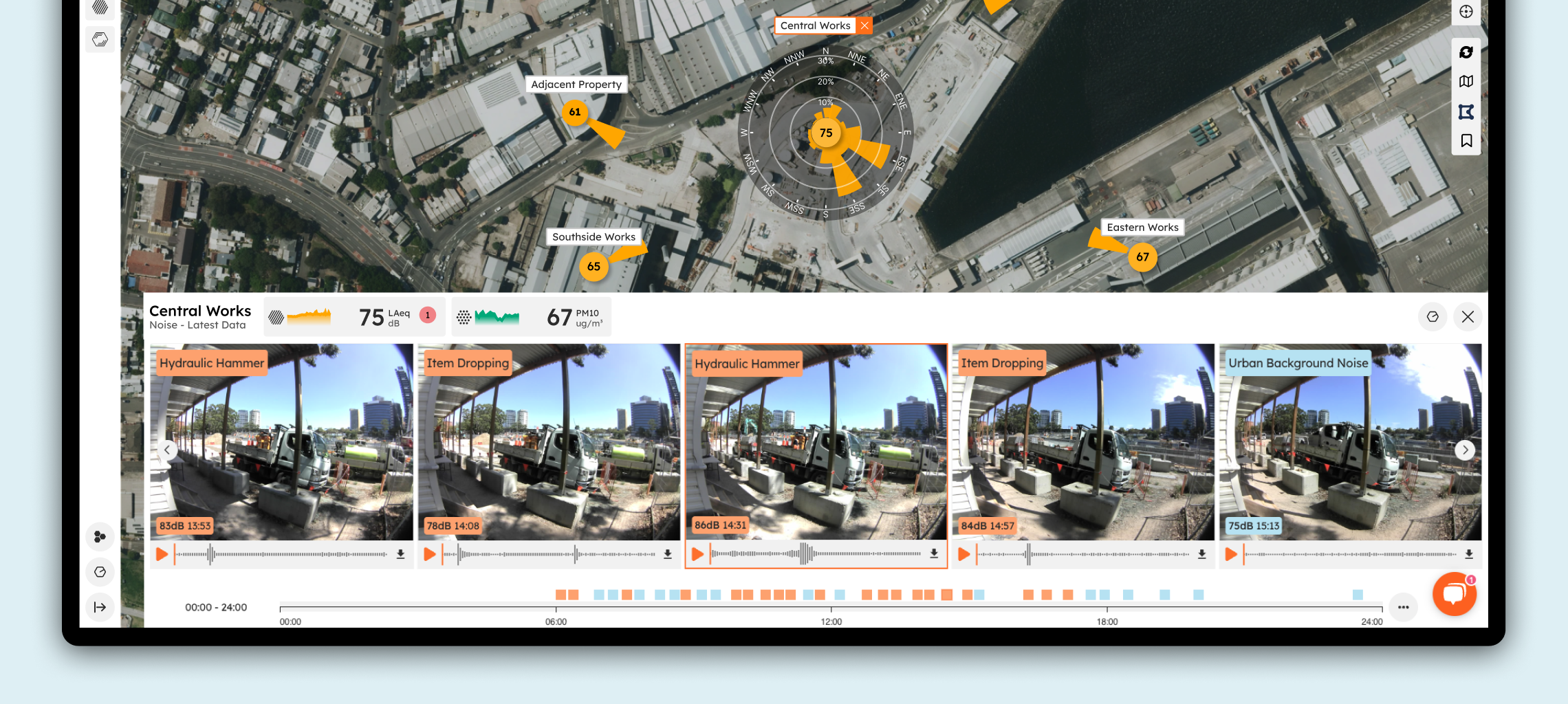 Dashboard with the site map above and the media timeline below: captured clips labelled Hydraulic Hammer, Item Dropping and Urban Background Noise, with a Direction of Arrival rose on the map